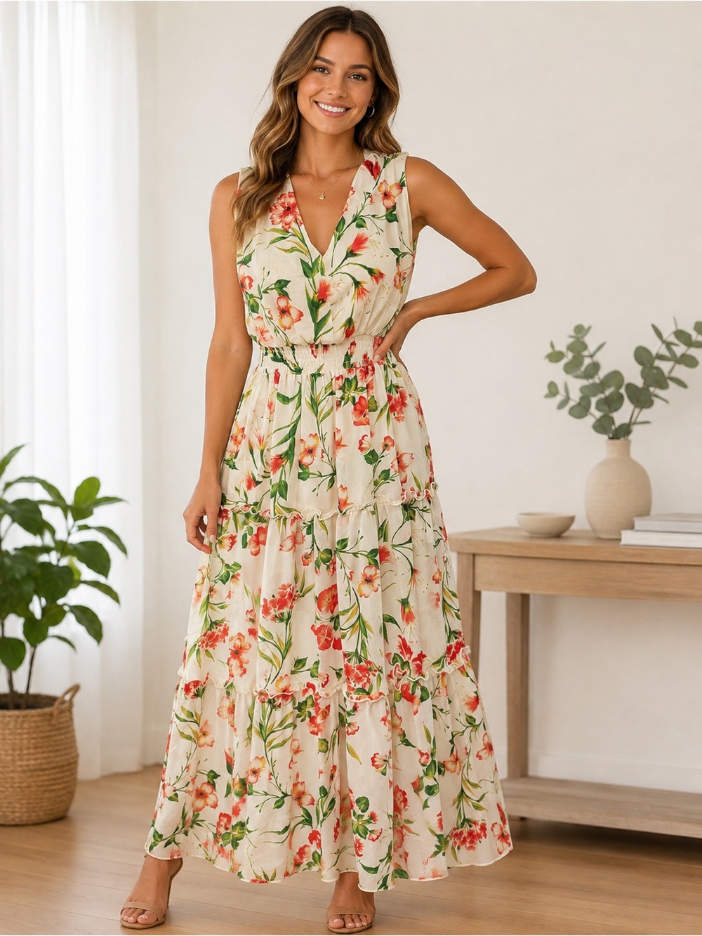 Sleeveless Cream Floral Maxi Dress with V-Neck